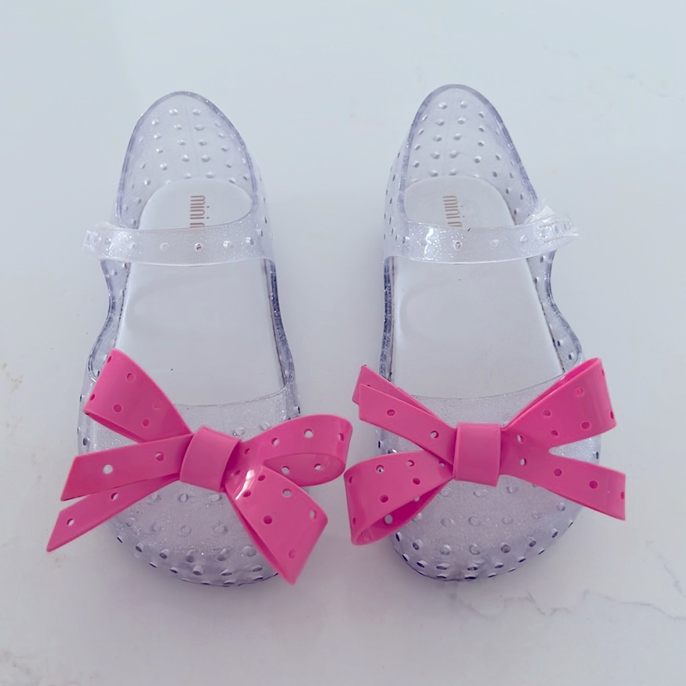 Mini Melissa Clear Mary Janes Glitter Pink Bow Princess Kids Toddler Shoes US 9